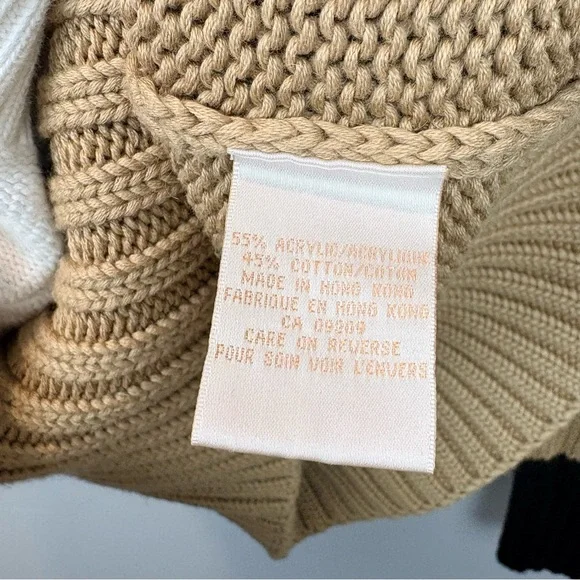 Cleo Cable Knit Split Turtleneck Sweater Camel Navy Trim Cozy Knit - Picture 8 of 11